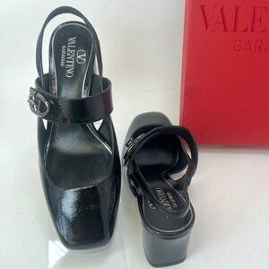 Valentino Garavani VLogo Black Leather Slingback Pumps Women Heel Size 37.5
